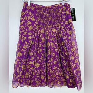 Lafayette 148 Floral Smocked Silk Blend Midi Skirt Lined Purple Gold‎ NWT Size 4